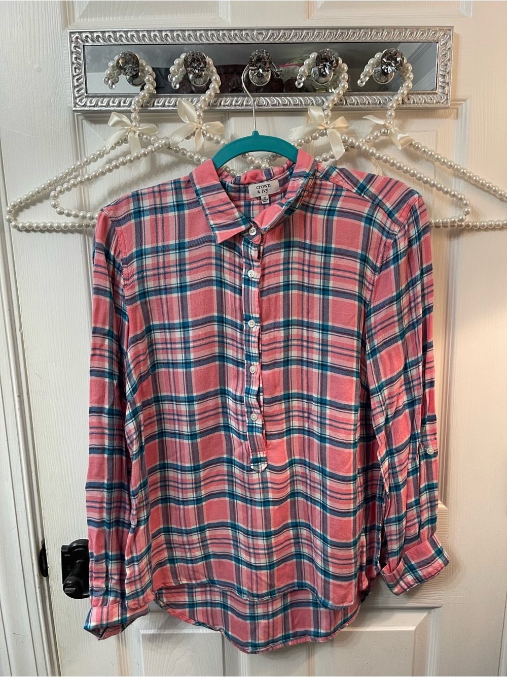 crown & ivy Pink and Blue Plaid Button-Down Shirt